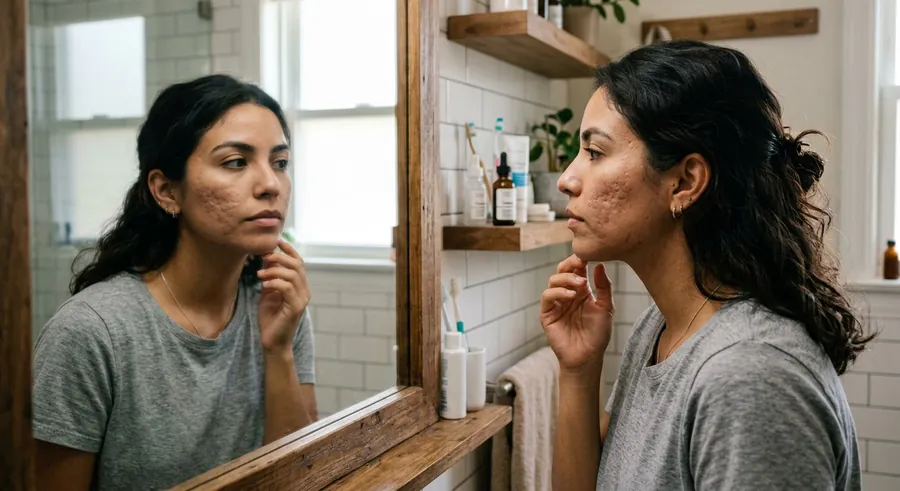 Mujer observando frente al espejo las marcas de acné en su mejilla