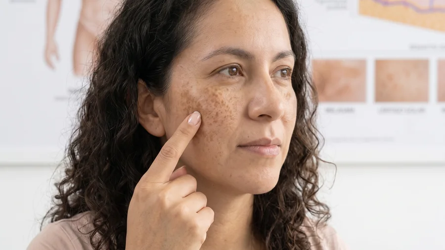 Mujer de piel morena señalando las manchas de su mejilla en una consulta de dermatología