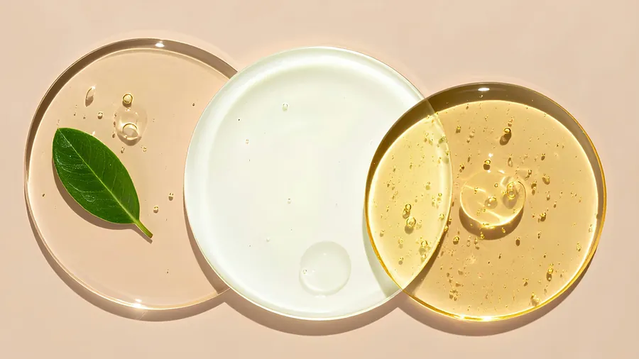 Tres placas transparentes con geles de distinta textura y color sobre un fondo beige, una de ellas con una hoja verde